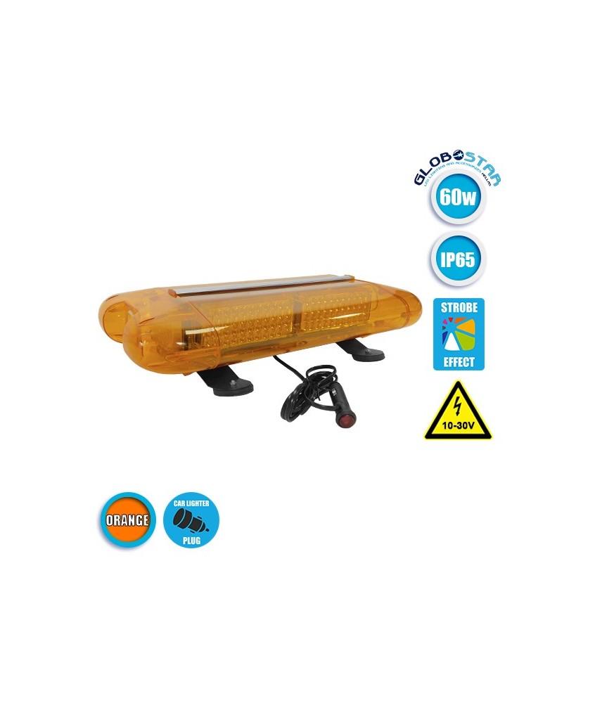 Φάρος Οδικής Βοήθειας Σήμανσης STROBO Οροφής Αυτοκινήτου - Φορτηγού 58.5CM Πορτοκαλί LED 60W 10-30 Volt με Controller Εναλλαγής Εφέ Προγραμμάτων GloboStar 34321